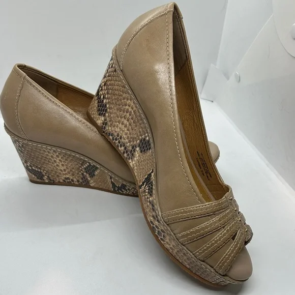 Nurture Women's Shoes Tan Leather Carmen Peep Toe Wedge Snakeskin Size 8.5 M - Picture 2 of 12